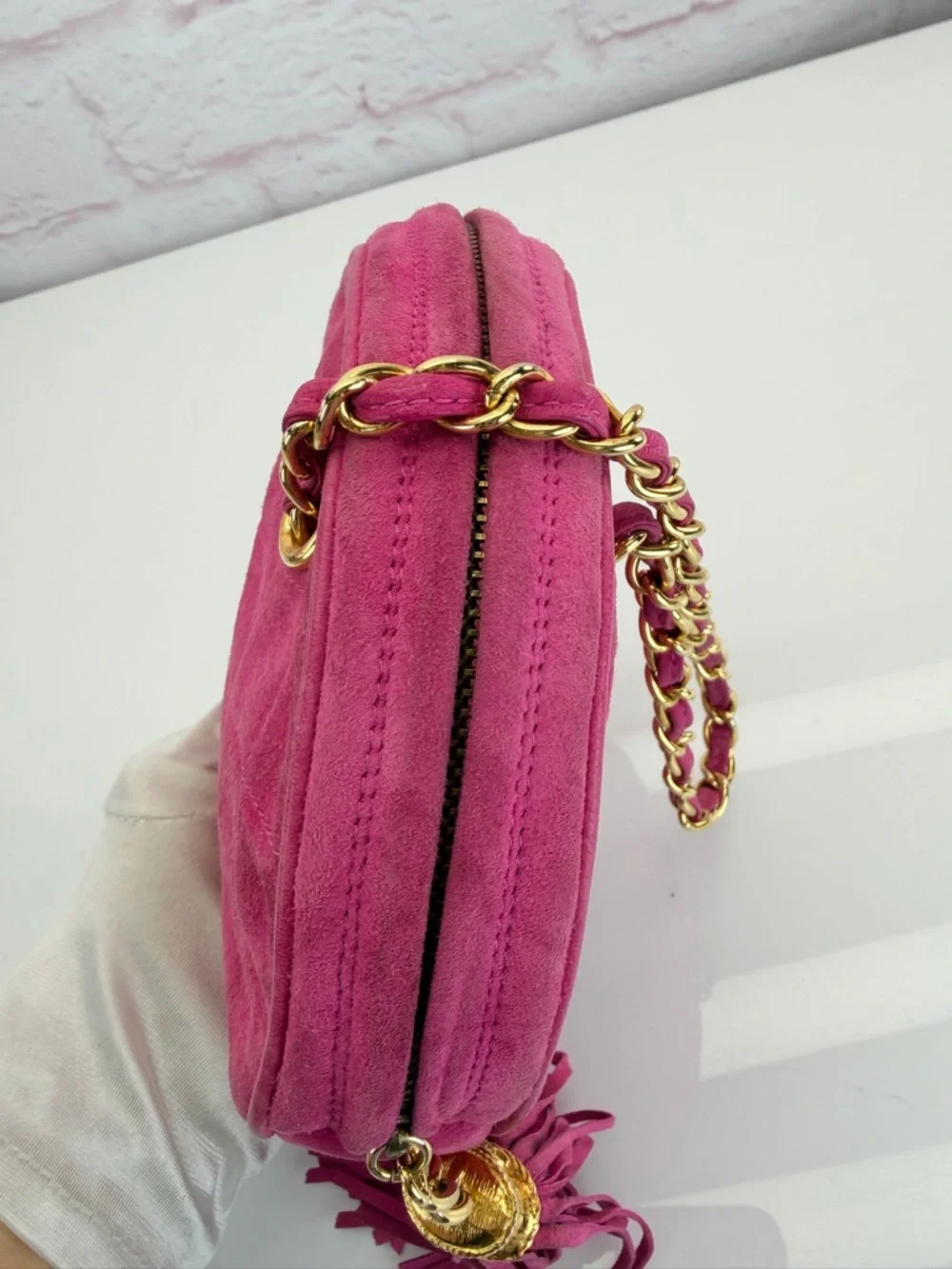 Chanel Hot Pink Quilted Suede Round Clutch on Chain